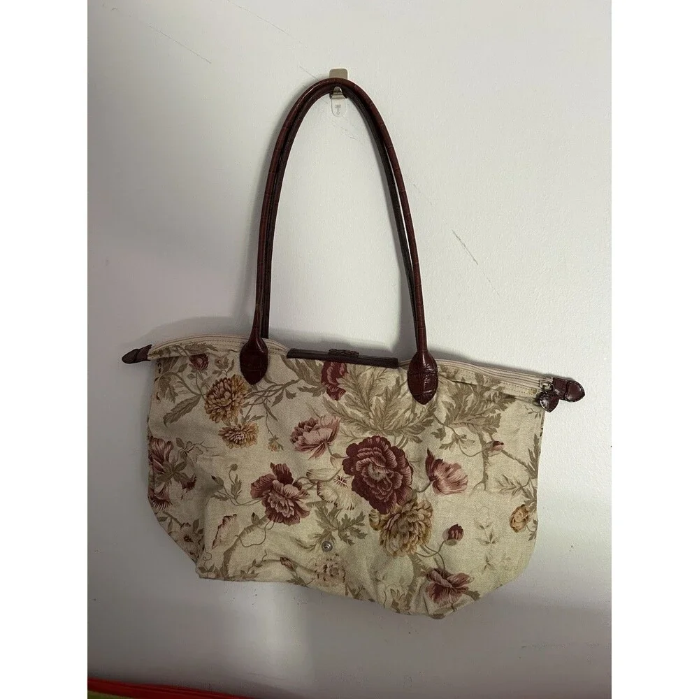 Brighton Floral Tapestry Tote Bag Brown Leather Croc Heart Charm Shoulder Purse